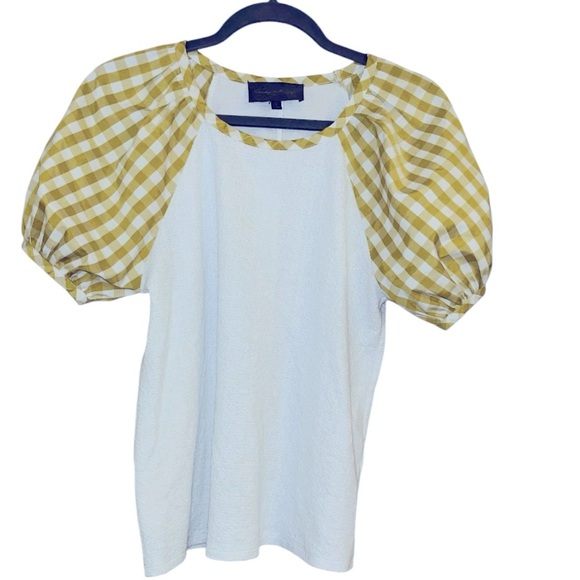 Anthropologie White And butter Yellow Gingham Blair Top small blouse cottagecore - Picture 5 of 13